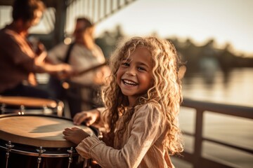 Obraz na płótnie Canvas Environmental portrait photography of a happy kid female playing the drum against a scenic riverboat background. With generative AI technology
