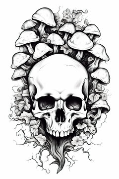 A black and white drawing of a skull surrounded by mushrooms. Generative AI.
