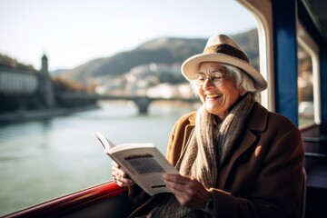 Fototapeta premium Medium shot portrait photography of a happy old woman reading a book against a scenic riverboat background. With generative AI technology