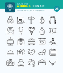Set of Wedding Icon Outline Style. Party, Gift, Dress, Bouquet.