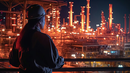 Backside of woman petrochemical engineer working at night with laptop Inside oil and gas refinery plant industry factory at night for inspector safety quality control, Generative AI