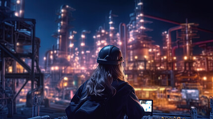 Backside of woman petrochemical engineer working at night with laptop Inside oil and gas refinery plant industry factory at night for inspector safety quality control, Generative AI - obrazy, fototapety, plakaty