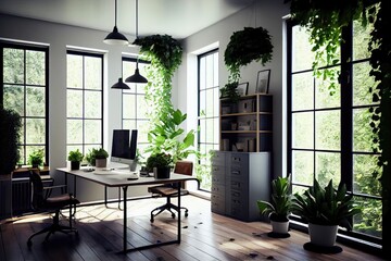 office with windows and lots of natural light, filled with greenery, created with generative ai
