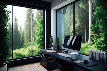 Fototapeta premium office with window view of lush forest, filled with trees and greenery, created with generative ai