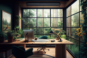 Fototapeta premium office with view of lush forest, with plants and birds in the background, created with generative ai