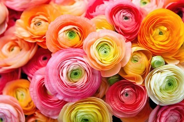 Colorful ranunculus in a bouquet. Persian buttercups bouquet of spring flowers. Generative AI - obrazy, fototapety, plakaty
