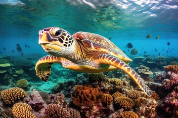 Obraz na płótnie Canvas Under water sea turtle. Diving scene of turtle undersea. Generative AI