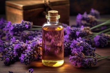 Lavender essential oil bottle with fresh flowers. Generative AI
