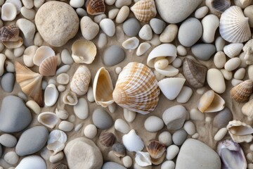 Obraz premium Sea shells and pebbles on the sand. Generated AI