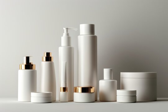 Set of blank cosmetic bottles close-up on white background. Generative AI