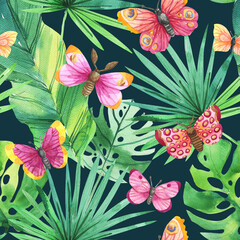 Watercolor set pattern of butterfly isolated on green background. Handpaiting watercolor ilustration on white background.
