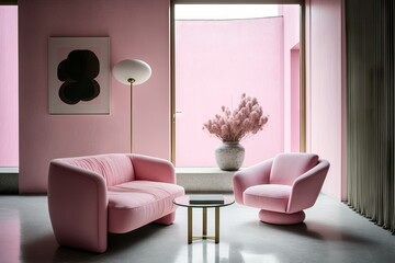 pink armchair and coffee table in minimalist living room, created with generative ai