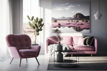 pink armchair and coffee table in minimalist living room, created with generative ai