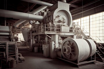 pulp and paper factory, with machines and equipment in motion to produce high-quality products, created with generative ai