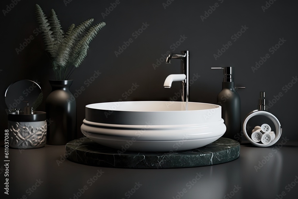 Canvas Prints round white wash basin with modern faucet and minimalist accessories on dark background, created with generative ai