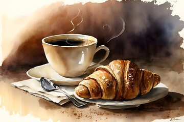 Croissants with coffee, watercolor, Generative AI 5