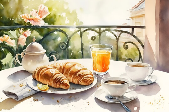 Croissants with coffee, watercolor, Generative AI 2