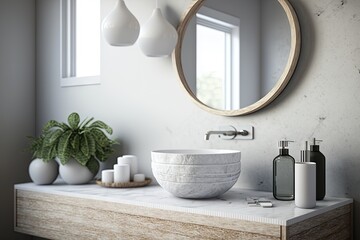 Fototapeta na wymiar stylish, contemporary bathroom with round white wash basin and minimalist accessories, created with generative ai