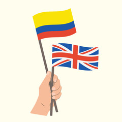 Flags of Colombia and UK, Hand Holding flags