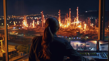 Fototapeta na wymiar Backside of woman petrochemical engineer working at night with laptop Inside oil and gas refinery plant industry factory at night for inspector safety quality control, Generative AI