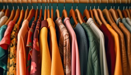 AI Generated. AI Generative. Vintage color vibrant cloth rack with clothing on. Sale marketing promotion store. Graphic Art