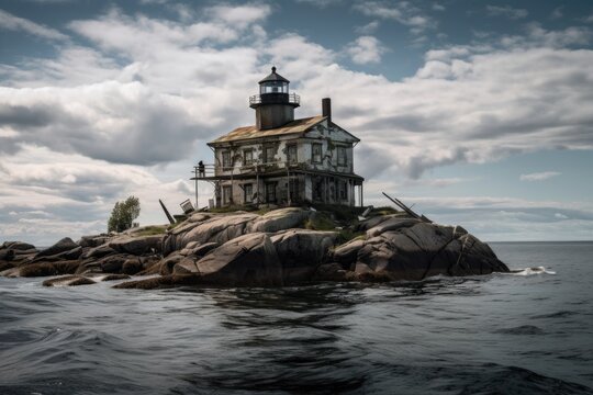 an abandoned lighthouse, perched on the rocky shore of a desolate island, created with generative ai