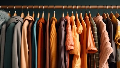 AI Generated. AI Generative. Vintage color vibrant cloth rack with clothing on. Sale marketing promotion store. Graphic Art