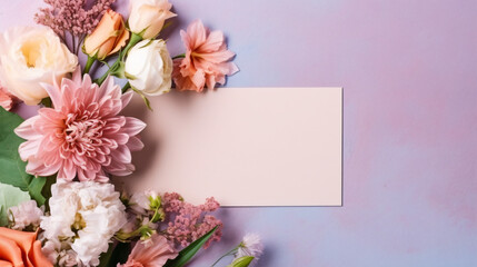 Obraz na płótnie Canvas Flat lay with flowers and blank greeting card