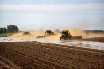 Fototapeta premium runoff from a crop field during the harvest season, with combines and trucks in the background, created with generative ai