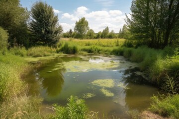 farm pond surrounded by lush greenery, with runoff visible in the water, created with generative ai