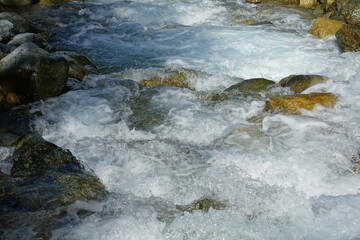 Wild water flows around big stone