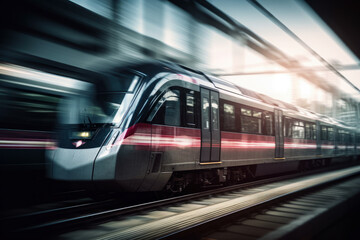 Fototapeta premium High-speed train in movement with motion blur, AI Generated