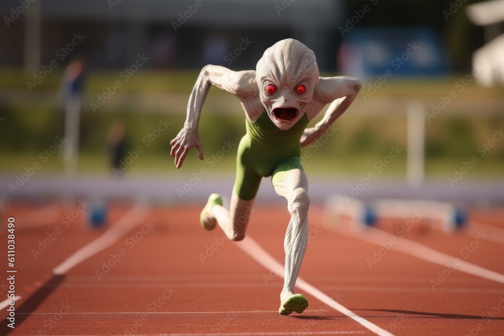 Wall mural alien athlete speeding past the finish line in track and field event, created with generative ai