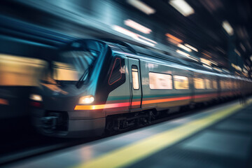 Fototapeta premium High-speed train in movement with motion blur, AI Generated