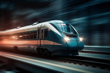 Fototapeta premium High-speed train in movement with motion blur, AI Generated