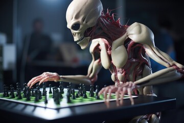 alien athlete competing in high-stakes game of chess, created with generative ai
