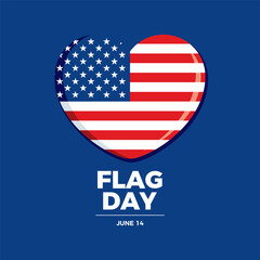 Flag Day United States on June 14 vector illustration. American flag in heart shape icon vector isolated on a blue background. Flag of the United States heart symbol. Important day