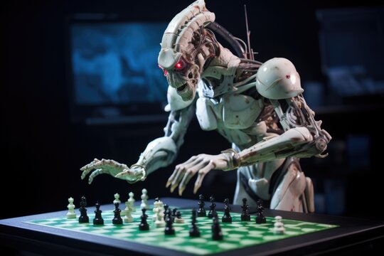 alien athlete competing in high-stakes game of chess, created with generative ai