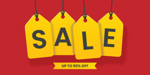 Yellow sales tags banner on red background