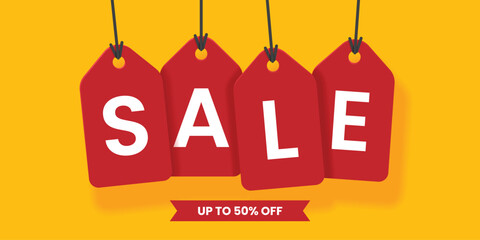 Red sales tags banner on yellow background