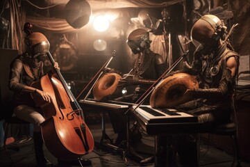 Fototapeta premium a trio of extraterrestrial musicians performing with their unique instruments, creating a heavenly soundscape, created with generative ai