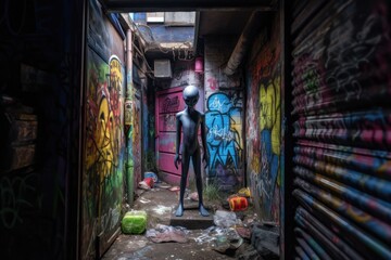 Obraz na płótnie Canvas alien figure peeking out of dark alleyway, surrounded by vibrant graffiti, created with generative ai