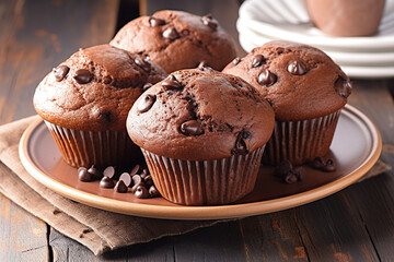 Plate with delicious​ black chocolate muffins on light wooden background​ top view --ar 3:2