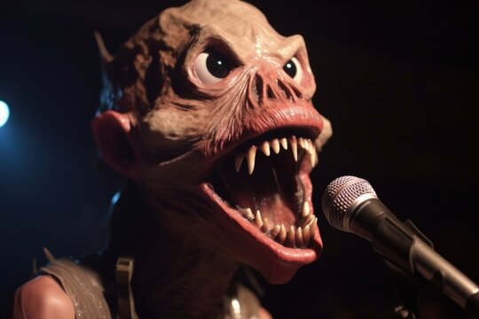 close-up of alien musician's face, with wide eyes and open mouth, expressing surprise at the audience's reaction to their performance, created with generative ai