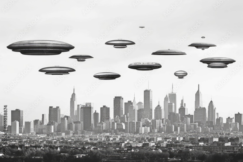 Poster row of flying saucers hovering above the city skyline, created with generative ai