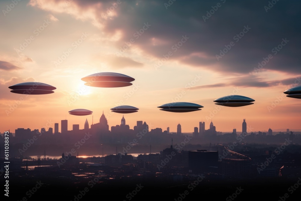 Poster row of flying saucers hovering above the city skyline, created with generative ai