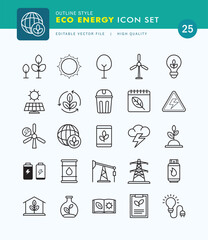 Set of Eco Energy Icon Outline Style. Trees, Power Stations, Rays, Mines.