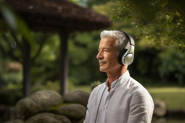 Medium shot portrait photography of a glad mature boy listening to music with headphones against a tranquil japanese garden background. With generative AI technology