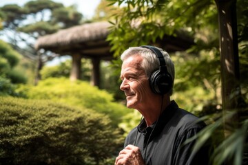 Medium shot portrait photography of a glad mature boy listening to music with headphones against a tranquil japanese garden background. With generative AI technology