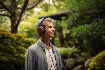 Medium shot portrait photography of a glad mature boy listening to music with headphones against a tranquil japanese garden background. With generative AI technology